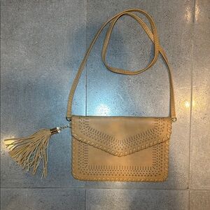 Boho Tan Faux Leather Bag with Tassel Fringe Shoulder Strap or Clutch Combo